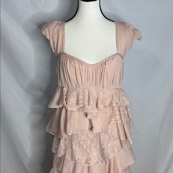 Anthropologie Square Neck Ruffled Lace Tiered High Low Dress - Picture 5 of 10